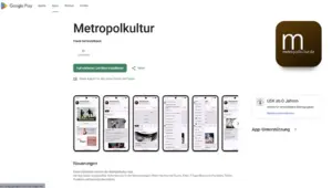 Screenshot der Metropolkultur-App im Google Play Store mit App-Logo, Vorschaubildern und Hinweis auf die neue Android-App für Kulturtermine in der Metropolregion Rhein-Neckar.